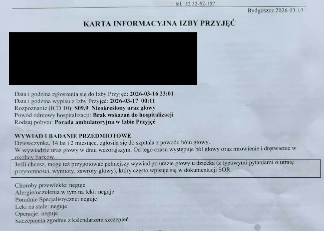 Zdjęcie karty informacyjnej z izby przyjęć z fragmentem tekstu wygenerowanego przez AI.