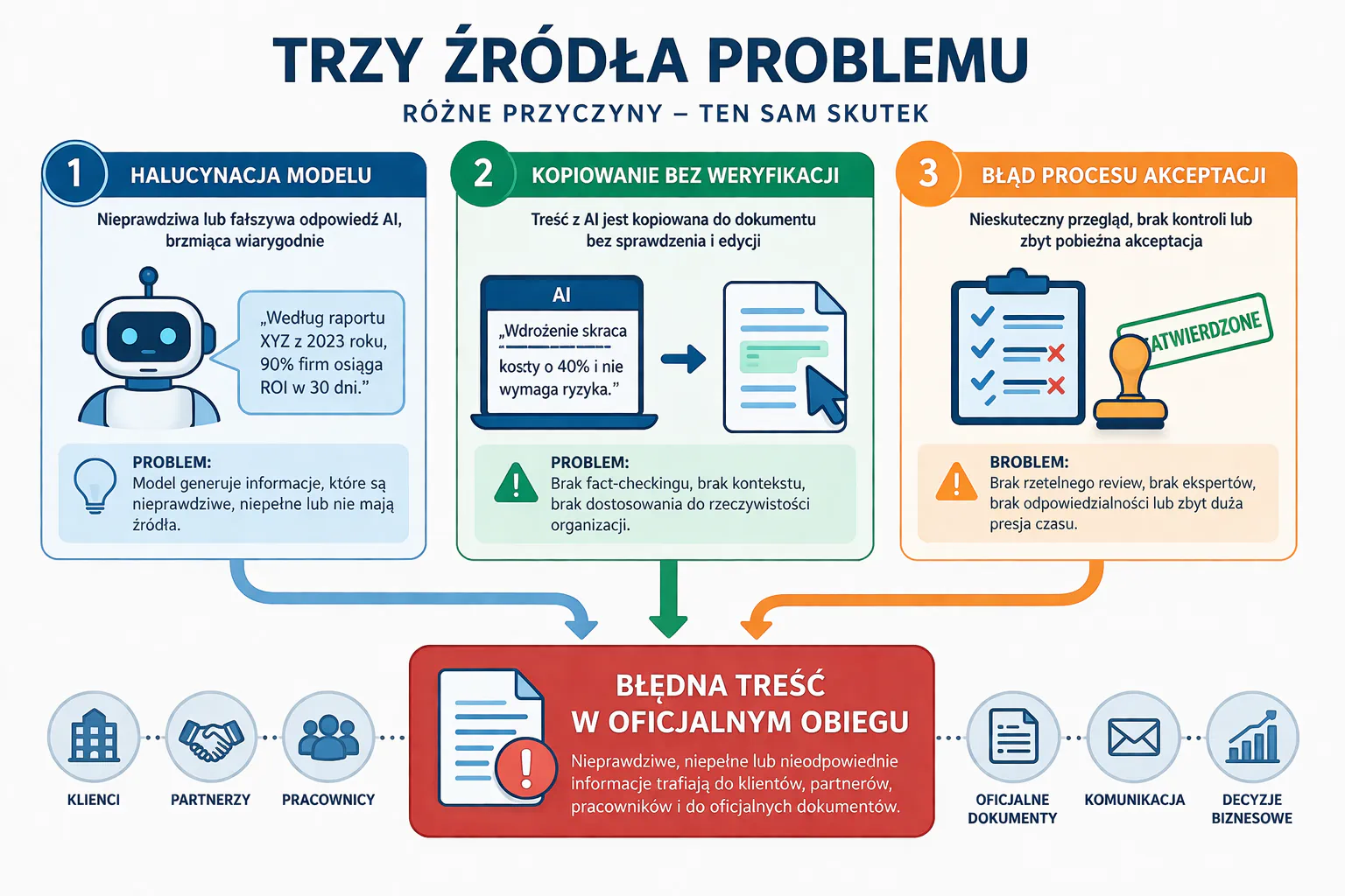 Schemat pokazujący trzy źródła problemu: halucynacja modelu, kopiowanie bez weryfikacji, błąd procesu akceptacji. Wszystkie prowadzą do jednego skutku: błędna treść w oficjalnym obiegu. ALT: błędy AI w dokumentach firmowych.